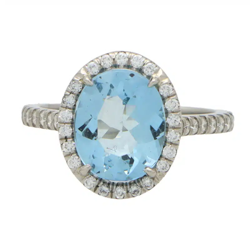 Aquamarine and Diamond Halo Ring in Platinum