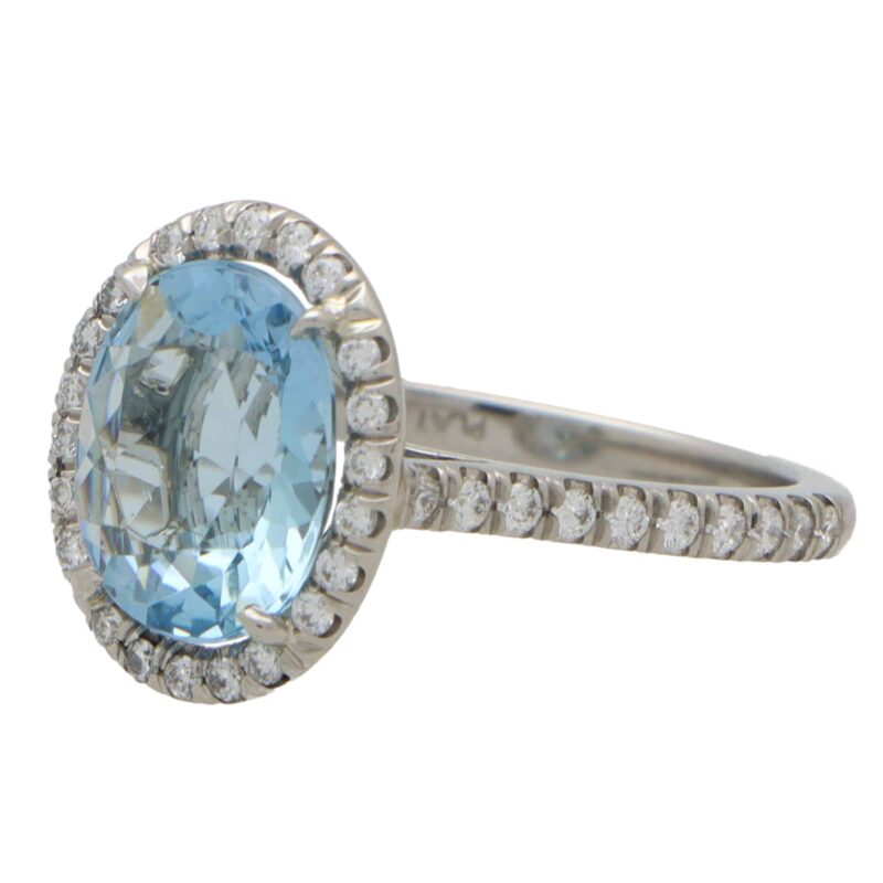 Aquamarine and Diamond Halo Ring in Platinum