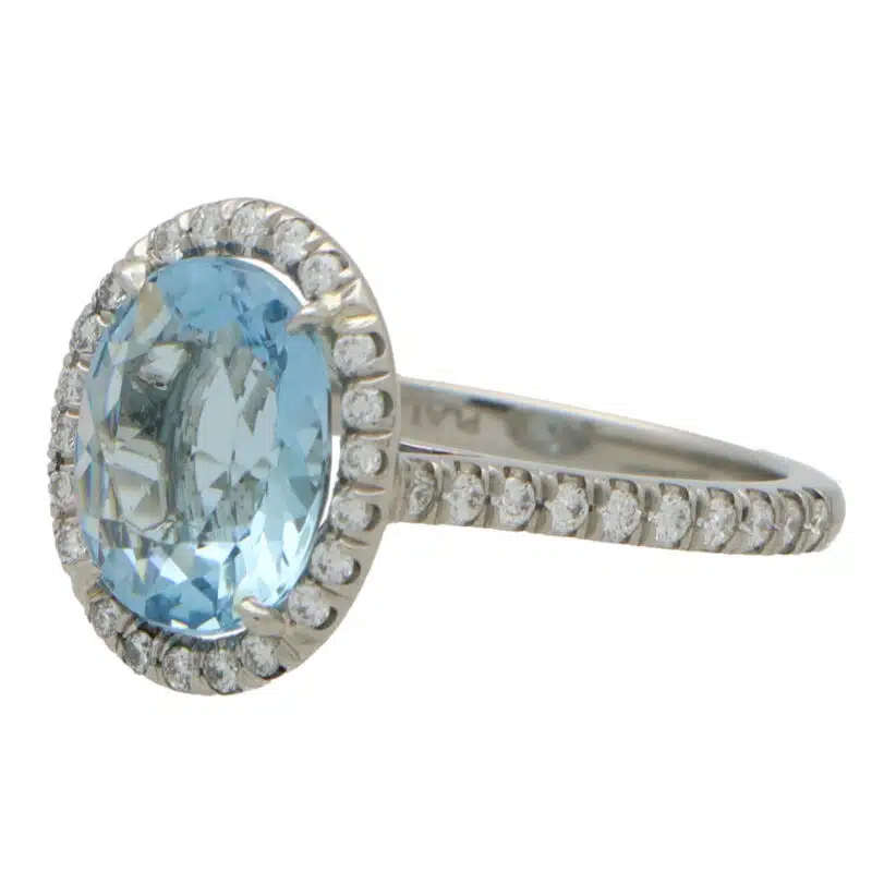 Aquamarine and Diamond Halo Ring in Platinum
