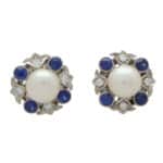 Blue Sapphire, Diamond and Pearl Cluster Stud Earrings