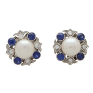 Blue Sapphire, Diamond and Pearl Cluster Stud Earrings