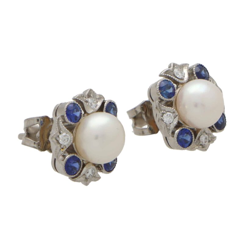 Blue Sapphire, Diamond and Pearl Cluster Stud Earrings