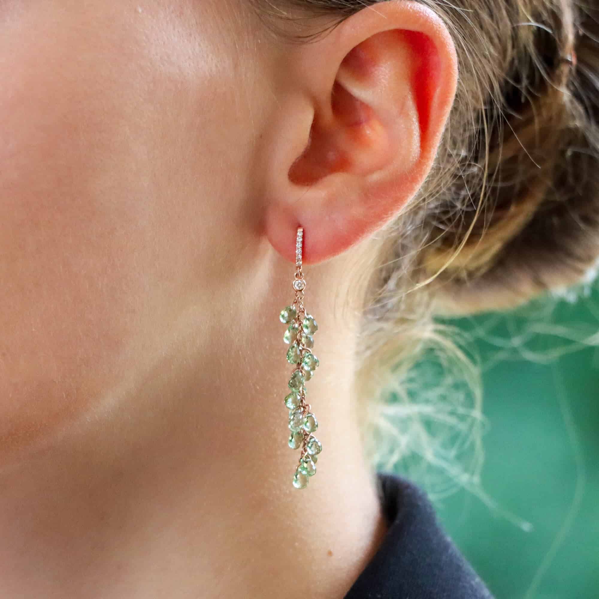 Green Briolette Sapphire and Diamond Drop Earrings