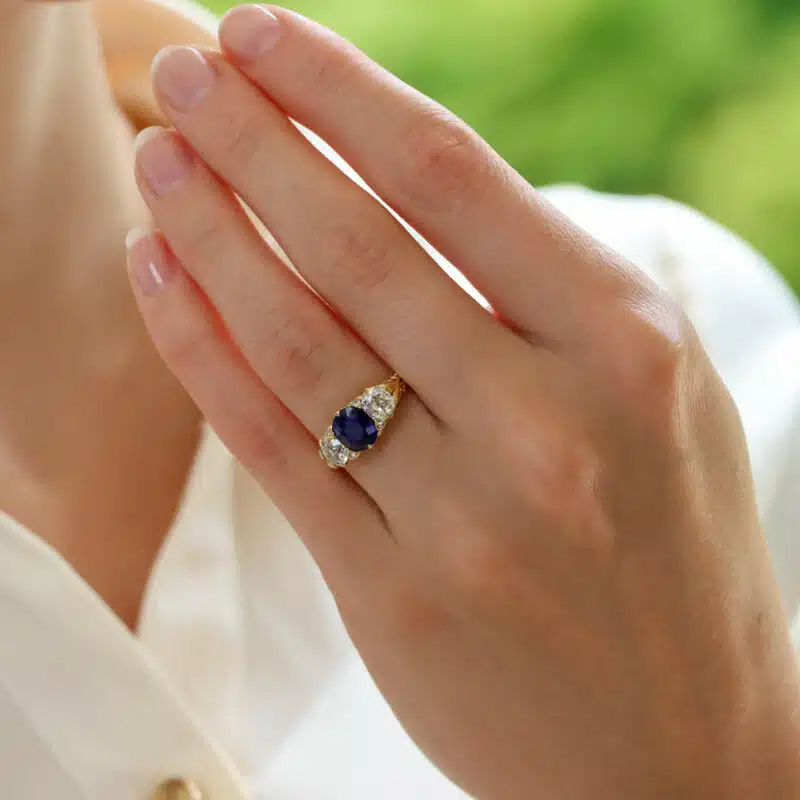 Late Victorian Old Cut Diamond and Sapphire Three-Stone Ring