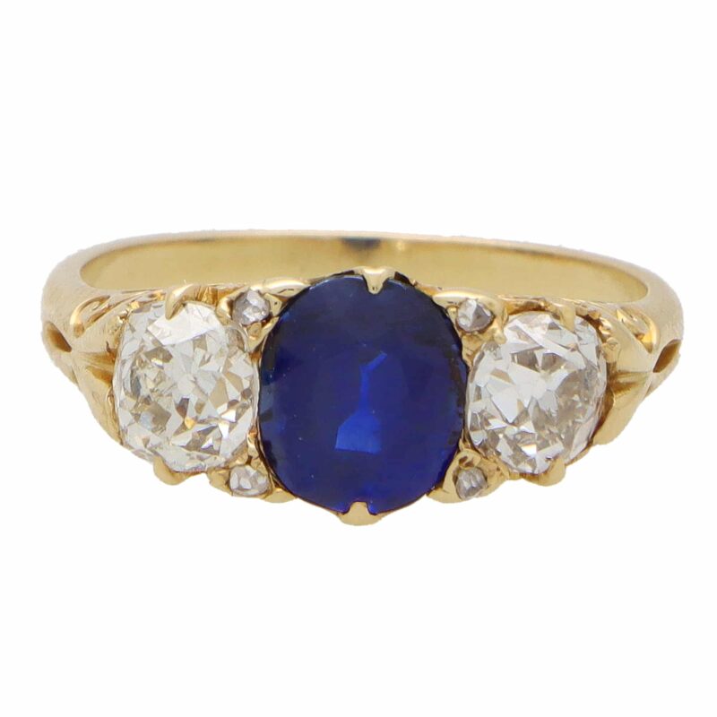 Late Victorian Old Cut Diamond and Sapphire Three-Stone Ring