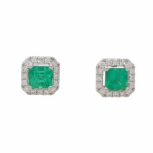 Squared Emerald and Diamond Cluster Stud Earrings