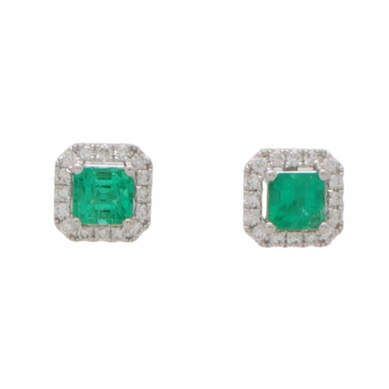 Squared Emerald and Diamond Cluster Stud Earrings