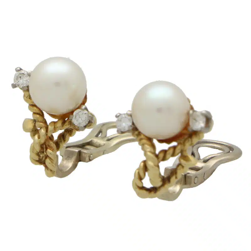 Vintage Pearl and Diamond Twisted Rope Clip Earrings