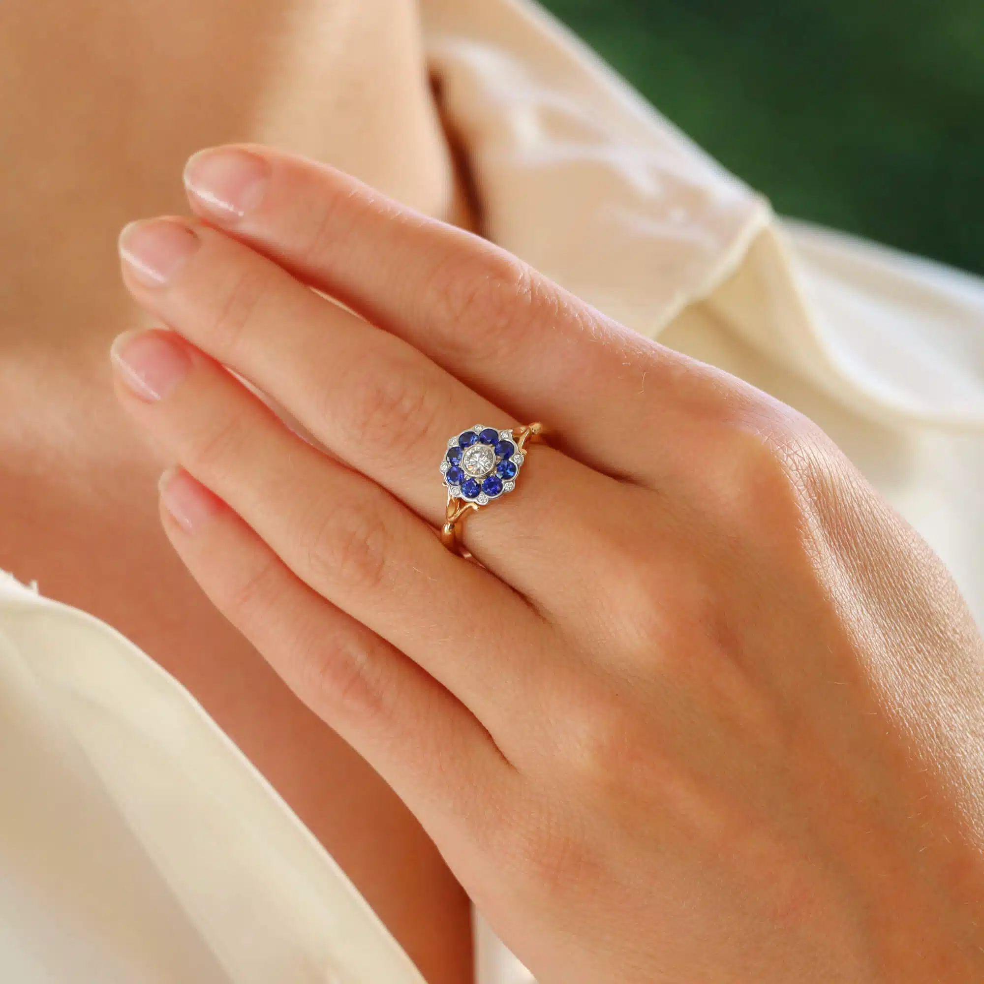 Sapphire and Diamond Floral Cluster Ring