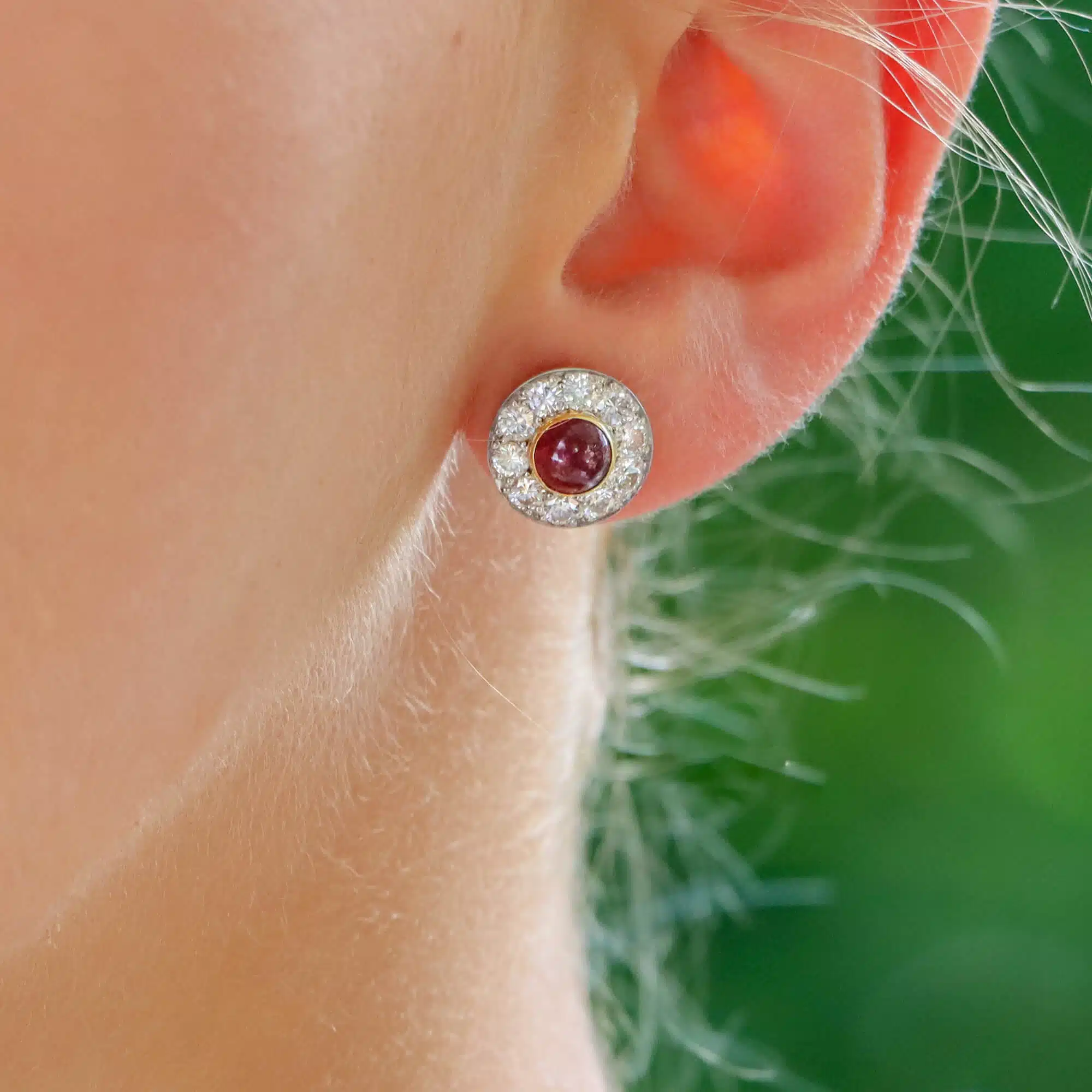 Retro Vintage Cabochon Ruby and Diamond Cluster Earrings