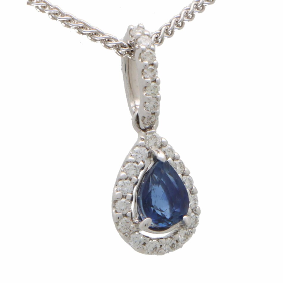 Vintage Pear Cut Sapphire and Diamond Pendant Necklace