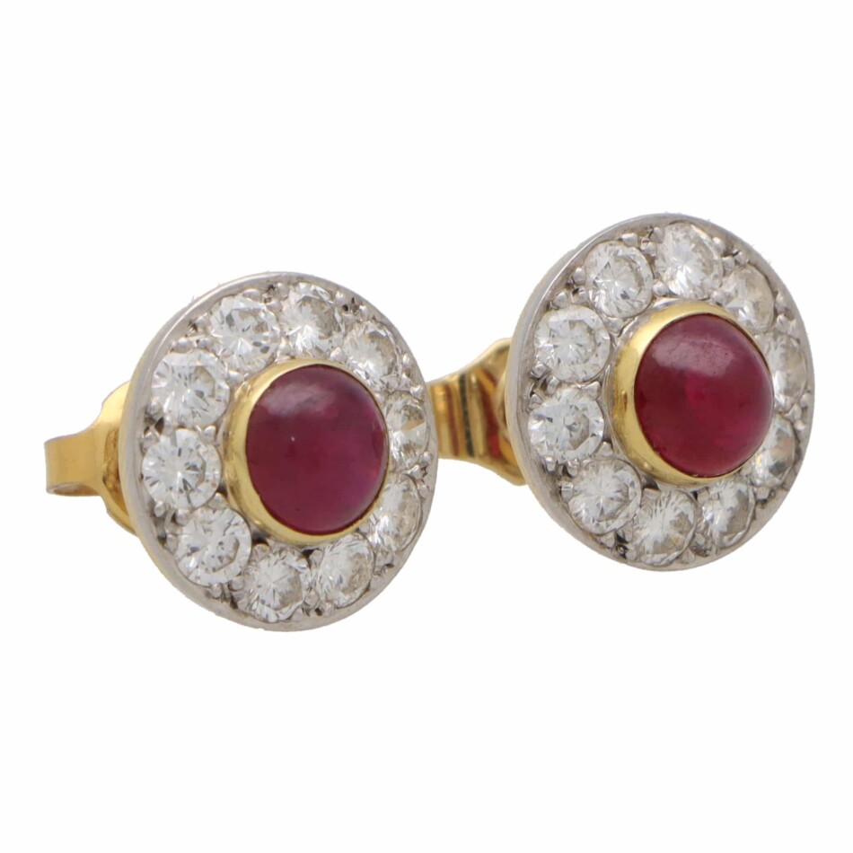 Retro Vintage Cabochon Ruby and Diamond Cluster Earrings