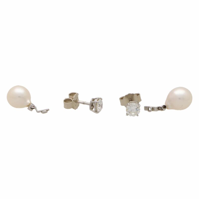 Convertible Solitaire Diamond Stud and Pearl Drop Earrings