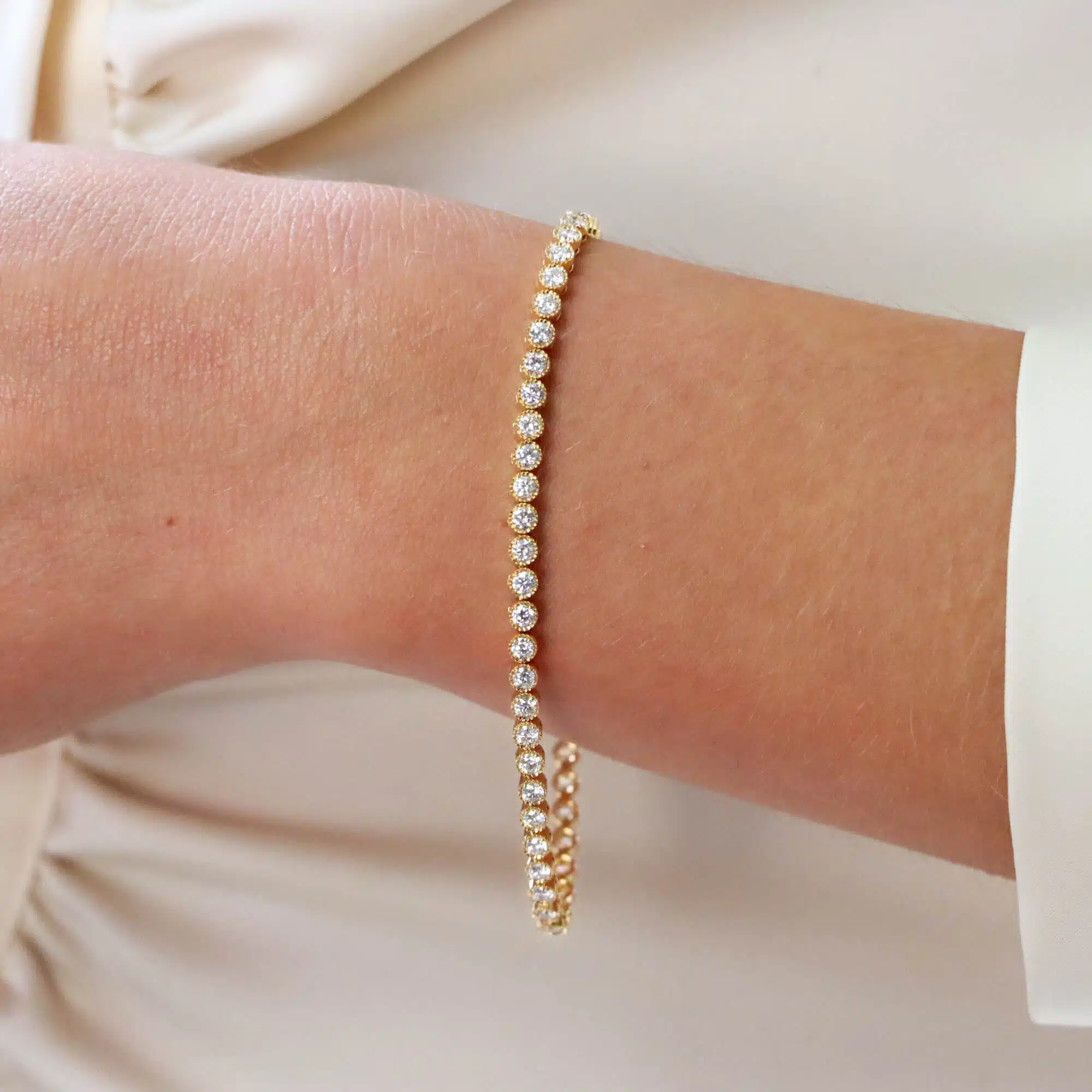 Contemporary Rub Over Diamond Line Bracelet in Yellow Gold