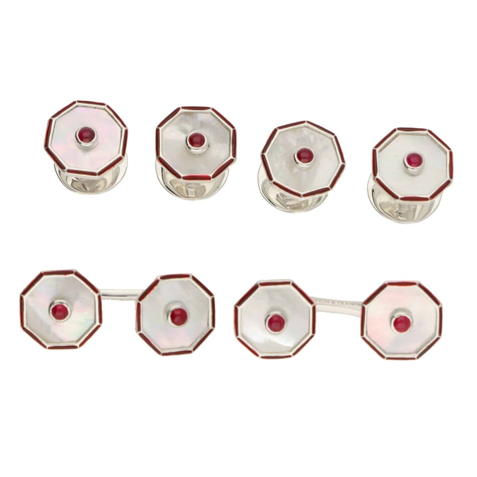 Ruby Mother of Pearl and Enamel Octagonal Dress Set
