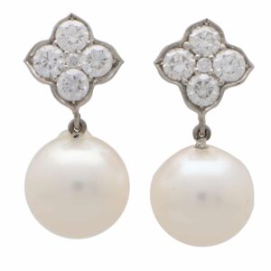 Contemporary Diamond and Pearl Drop Earrings