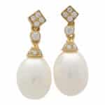 Pearl and Diamond Drop Earrings in Yellow Gold