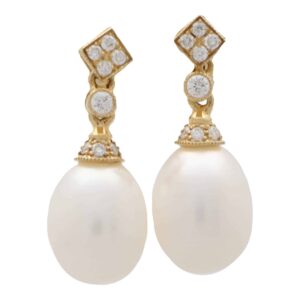 Pearl and Diamond Drop Earrings in Yellow Gold
