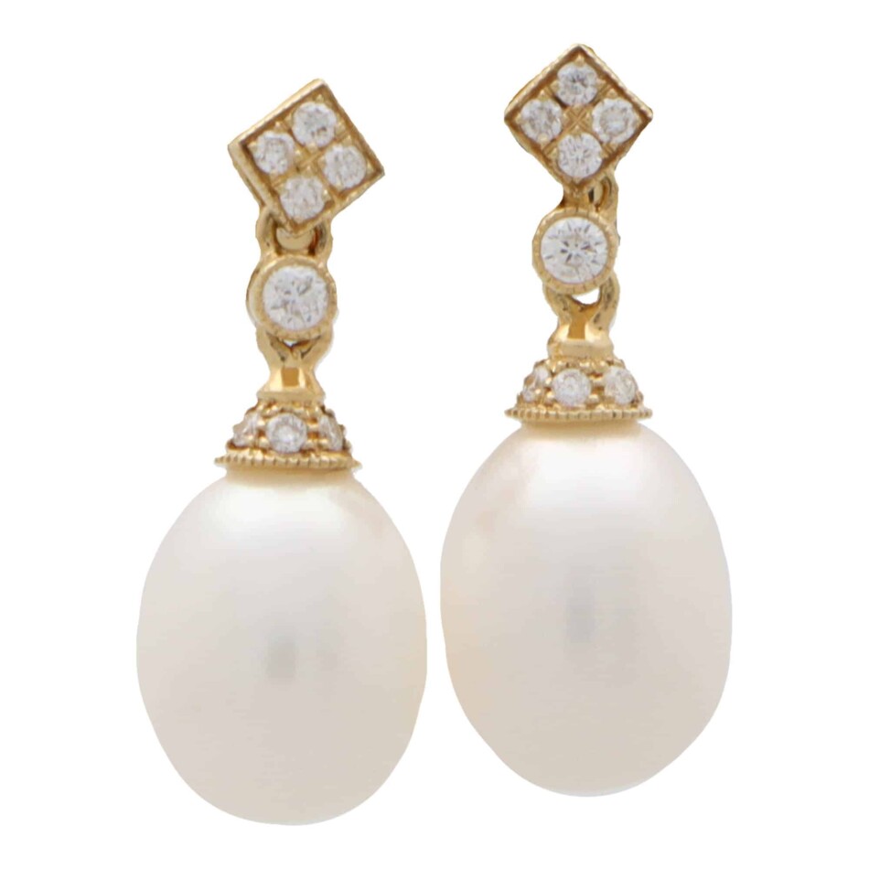 Pearl and Diamond Drop Earrings in Yellow Gold