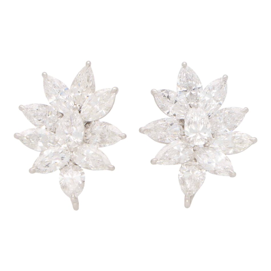 Pear and Marquise Cut Diamond Floral Cluster Earrings