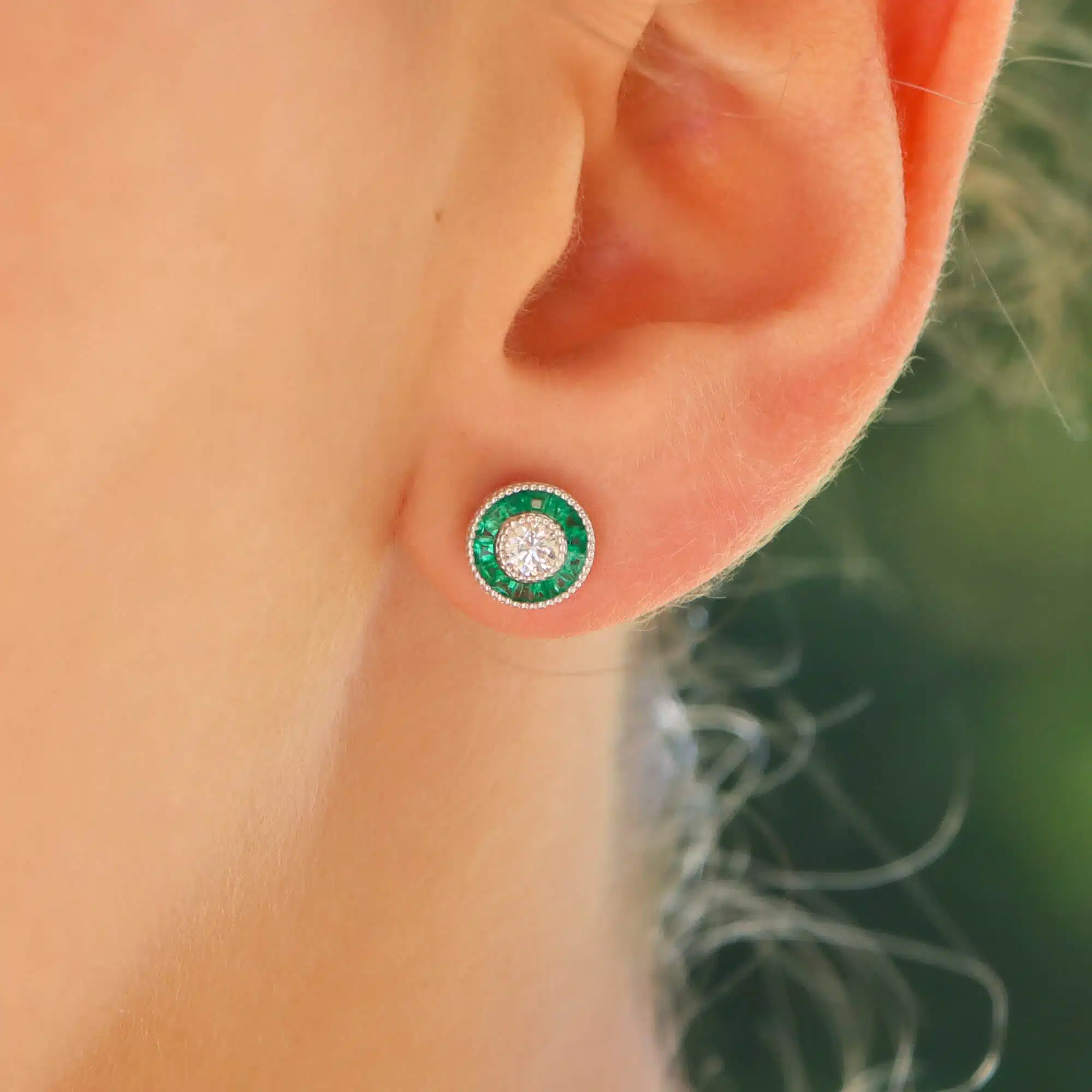 Art Deco Inspired Emerald and Diamond Target Stud Earrings