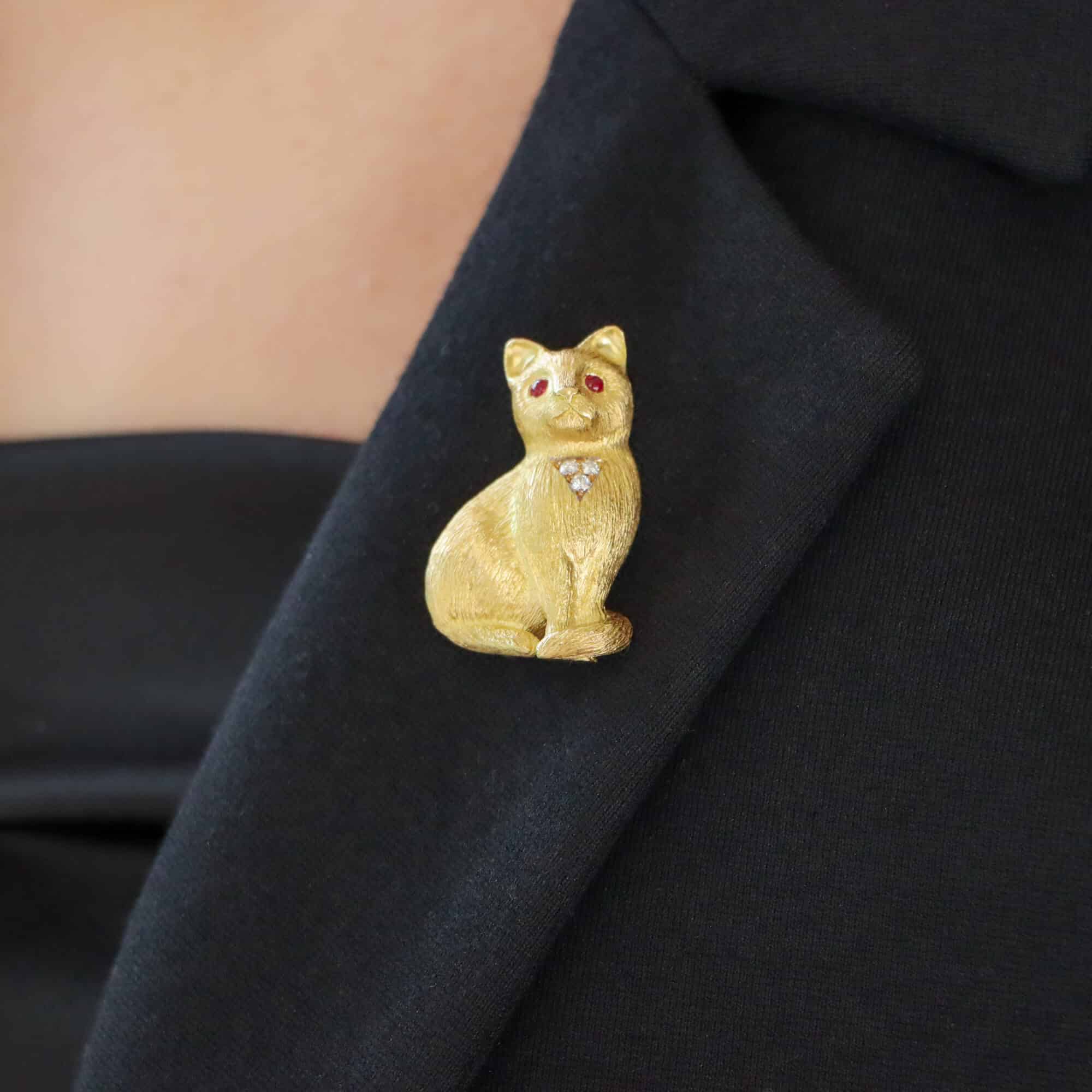 Ruby and Diamond Cat Brooch Pin