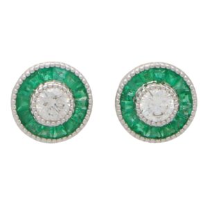 Art Deco Inspired Emerlad and Diamond Target Stud Earrings
