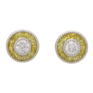 Art Deco Inspired Yellow Sapphire and Diamond Target Earrings