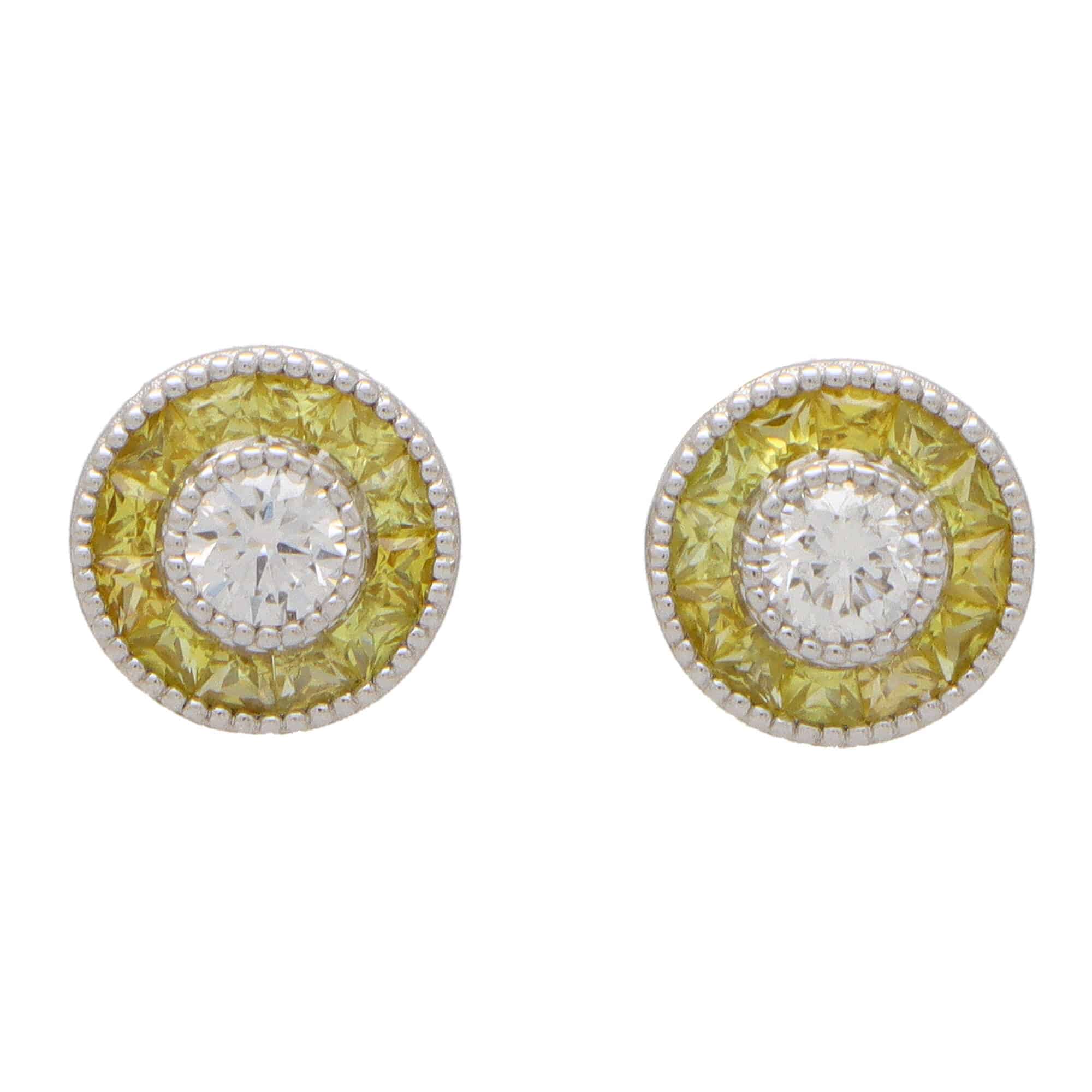 Art Deco Inspired Yellow Sapphire and Diamond Target Earrings at