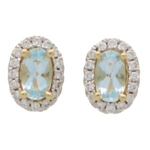 Contemporary Petite Aquamarine and Diamond Halo Stud Earrings