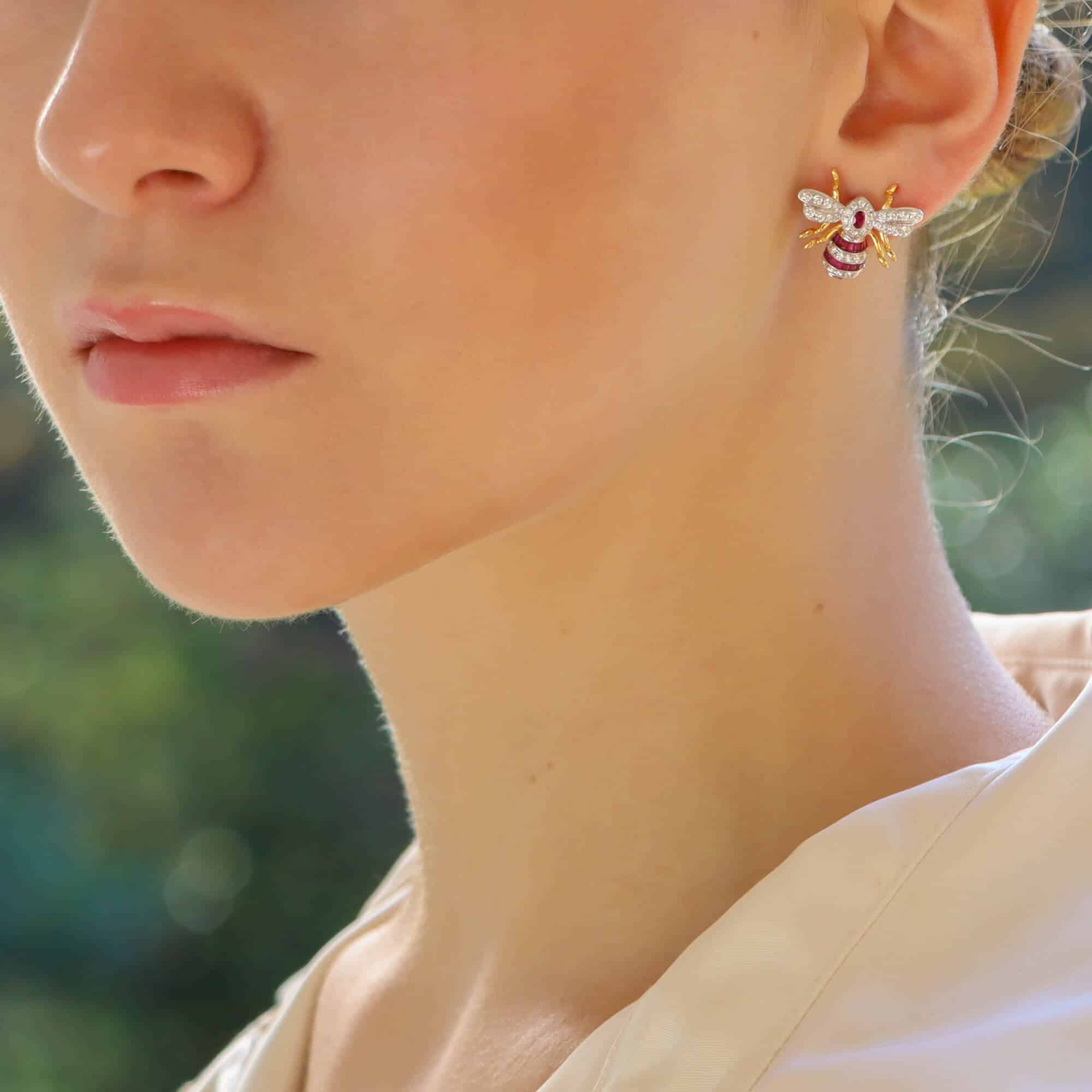 Ruby and Diamond Bee Earrings