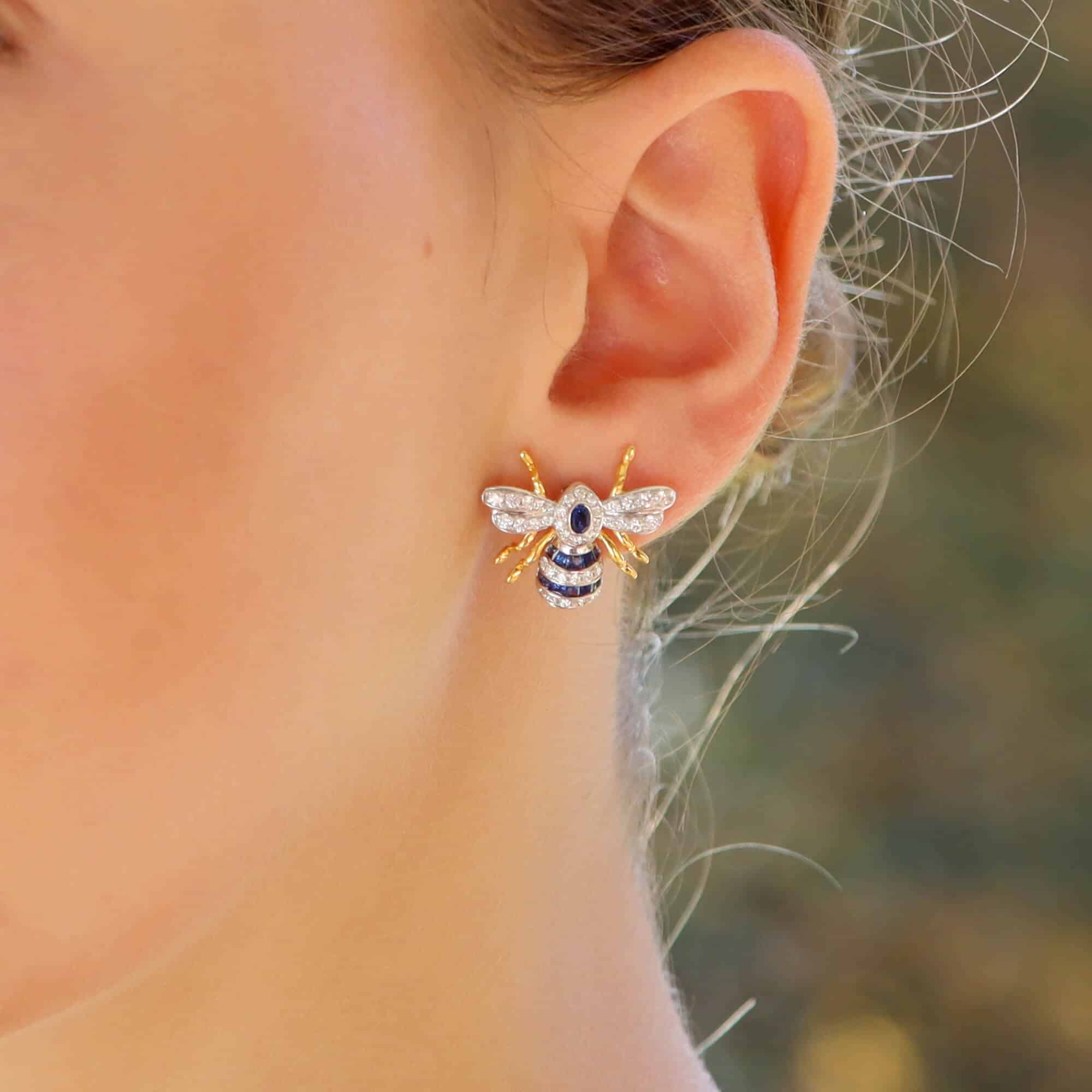 Blue Sapphire and Diamond Bee Earrings