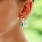 Contemporary Pear Cut Emerald and Diamond Drop Earrings