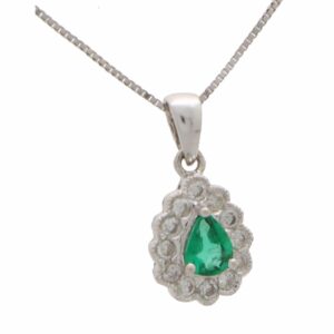 Pear Cut Emerald and Diamond Cluster Necklace