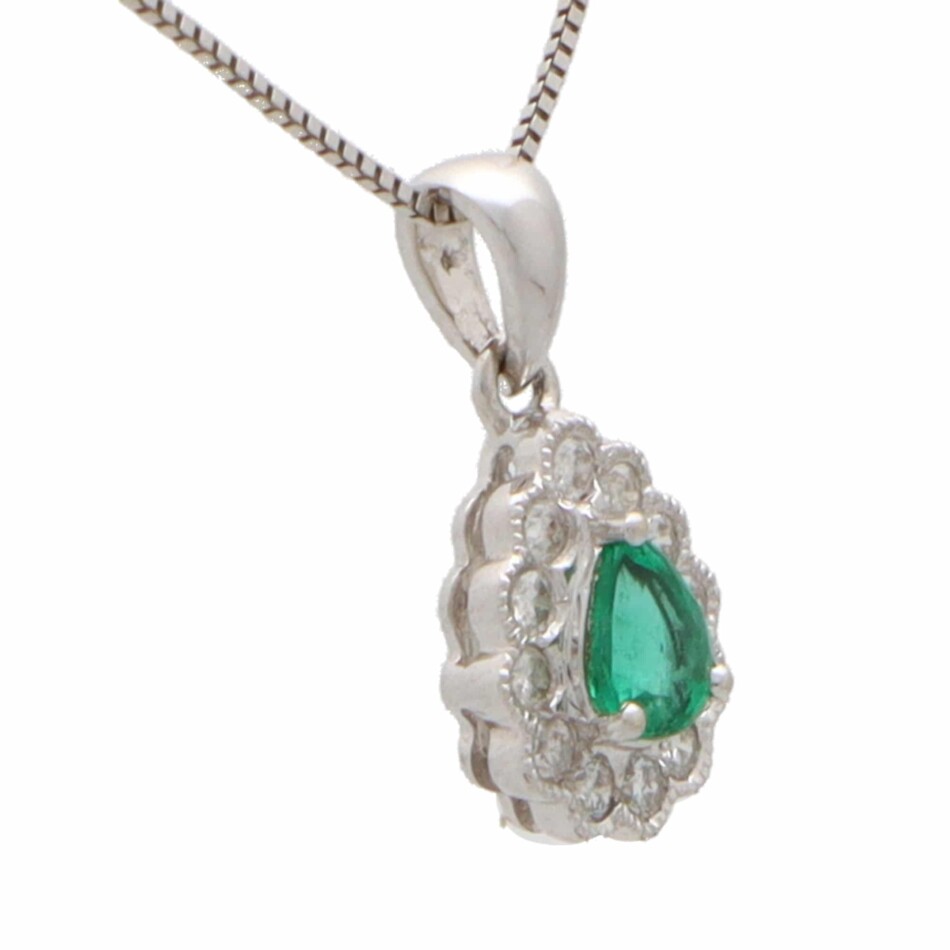 Pear Cut Emerald and Diamond Cluster Necklace
