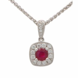 Cushion Cut Ruby and Diamond Cluster Pendant