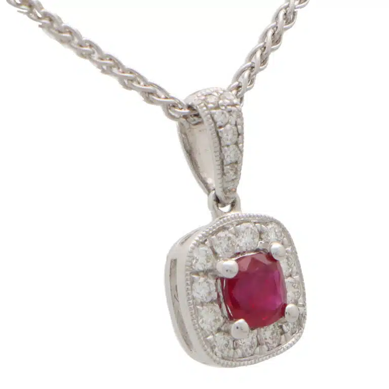 Cushion Cut Ruby and Diamond Cluster Pendant