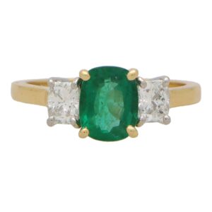 Contemporary Cushion Cut Emerald and Diamond Three Stone Ring