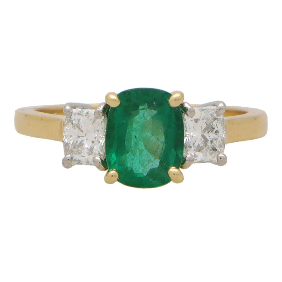 Contemporary Cushion Cut Emerald and Diamond Three Stone Ring