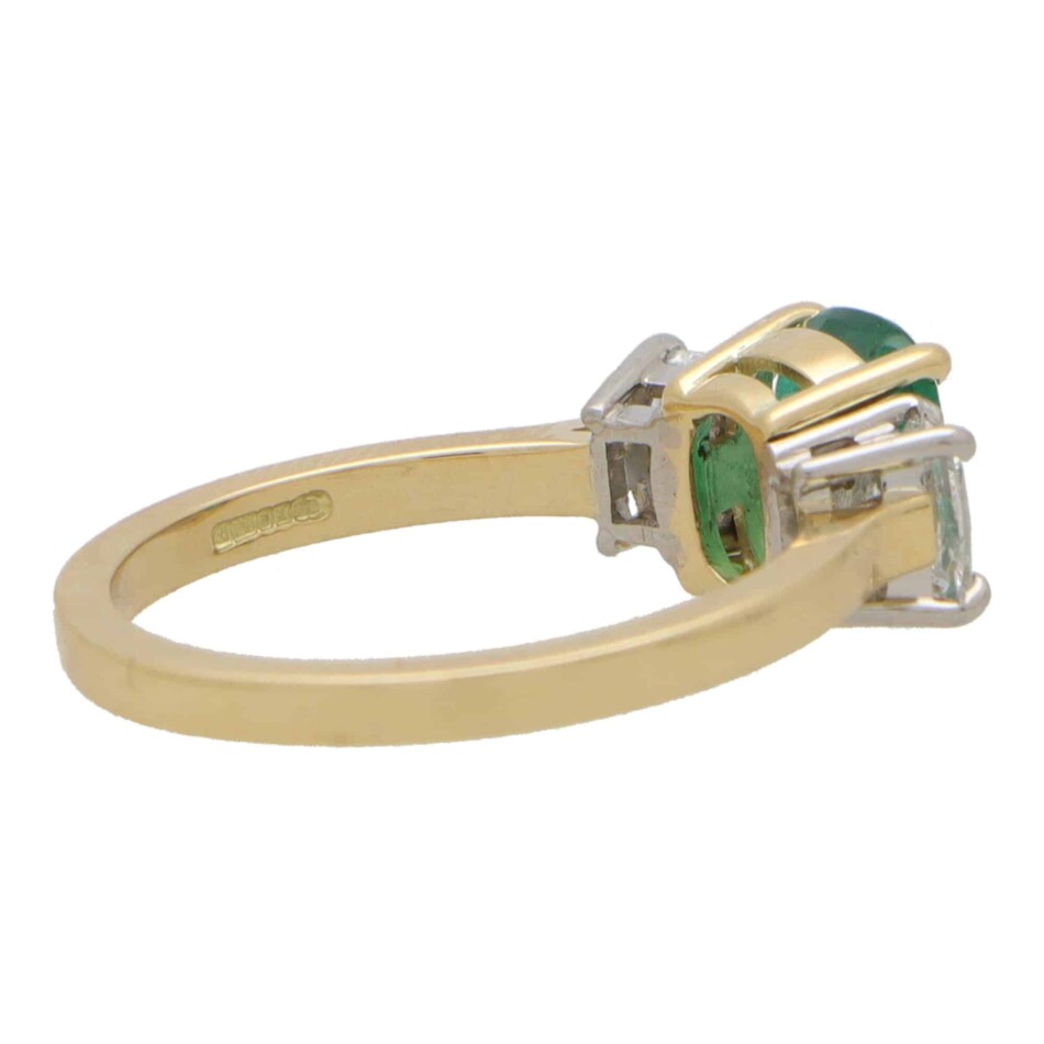 Contemporary Cushion Cut Emerald and Diamond Three Stone Ring