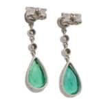 Contemporary Pear Cut Emerald and Diamond Drop Earrings