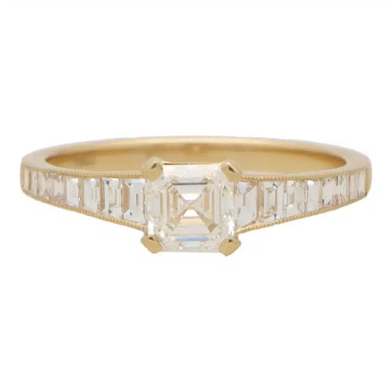 Art Deco Inspired Asscher Cut Diamond Ring in Yellow Gold