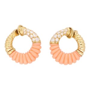 Vintage Van Cleef & Arpels Coral and Diamond Hoop Earrings