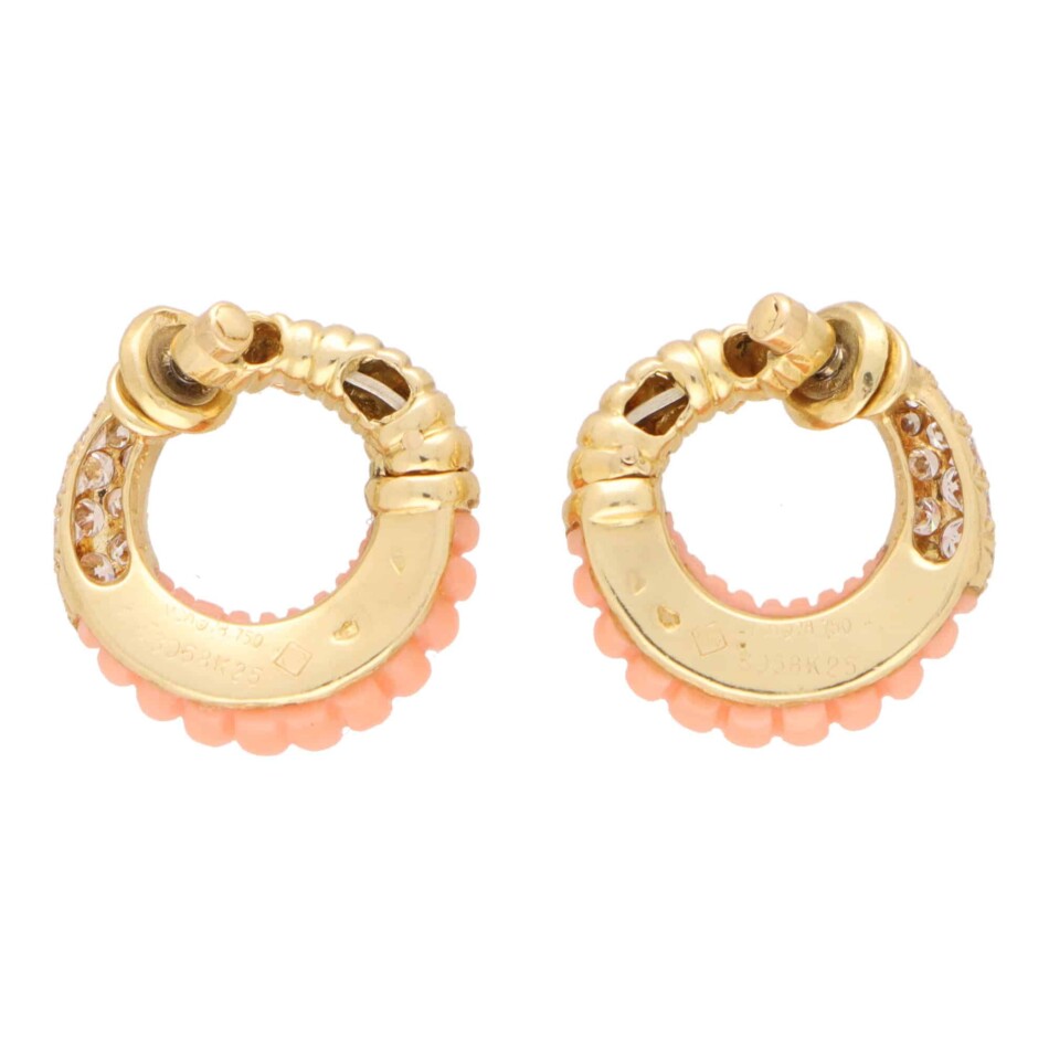 Vintage Van Cleef & Arpels Coral and Diamond Hoop Earrings