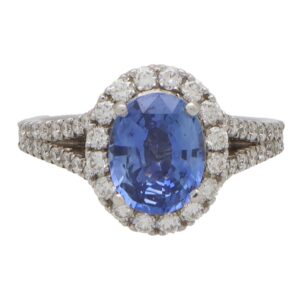 Vintage Blue Sapphire and Diamond Oval Halo Cluster Ring