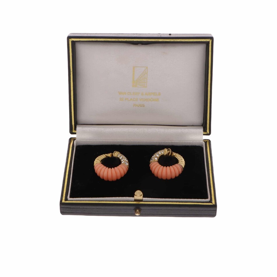 Vintage Van Cleef & Arpels Coral and Diamond Hoop Earrings