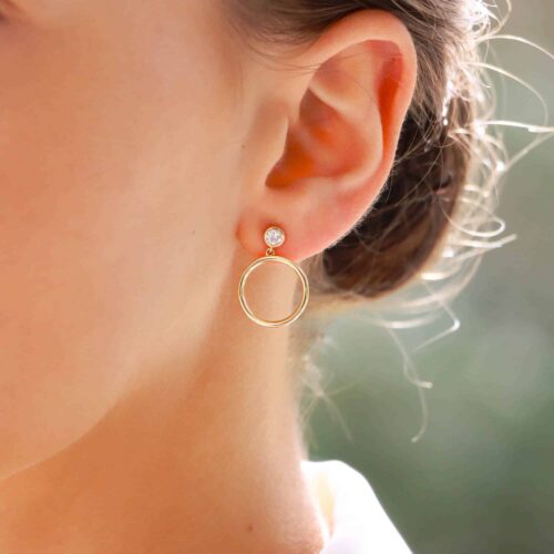 Contemporary Diamond Circle Drop Earrings in Yellow Gold