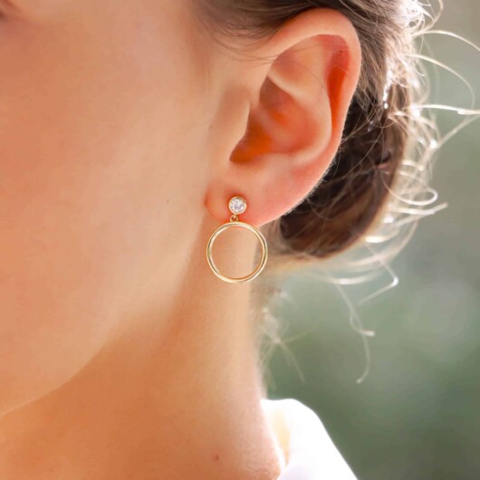 Contemporary Diamond Circle Drop Earrings in Yellow Gold