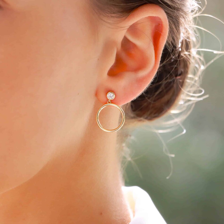 Contemporary Diamond Circle Drop Earrings in Yellow Gold