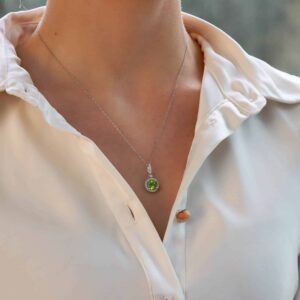 Contemporary Peridot and Diamond Halo Pendant Necklace